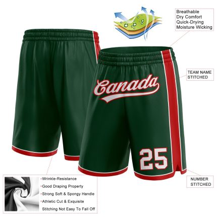Custom Basketball Shorts with Name and Number - Hunter Green and White-Red Authentic Team Gear Personalized Hunter Green