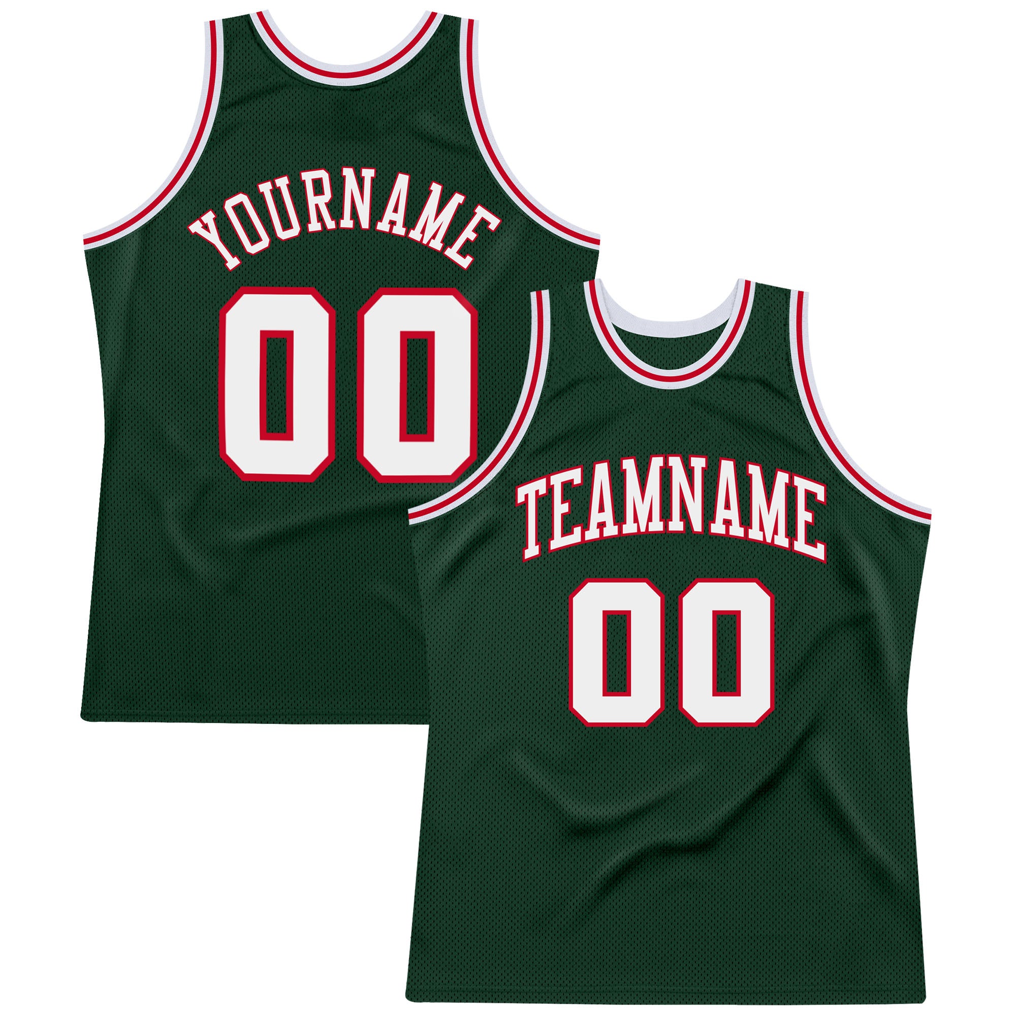 Personalized Authentic Basketball Jersey in Hunter Green with White-Red Accents Personalized Hunter Green White-Red Authentic