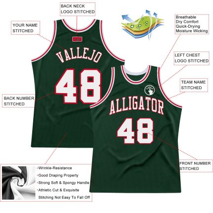 Personalized Authentic Basketball Jersey in Hunter Green with White-Red Accents Personalized Hunter Green White-Red Authentic