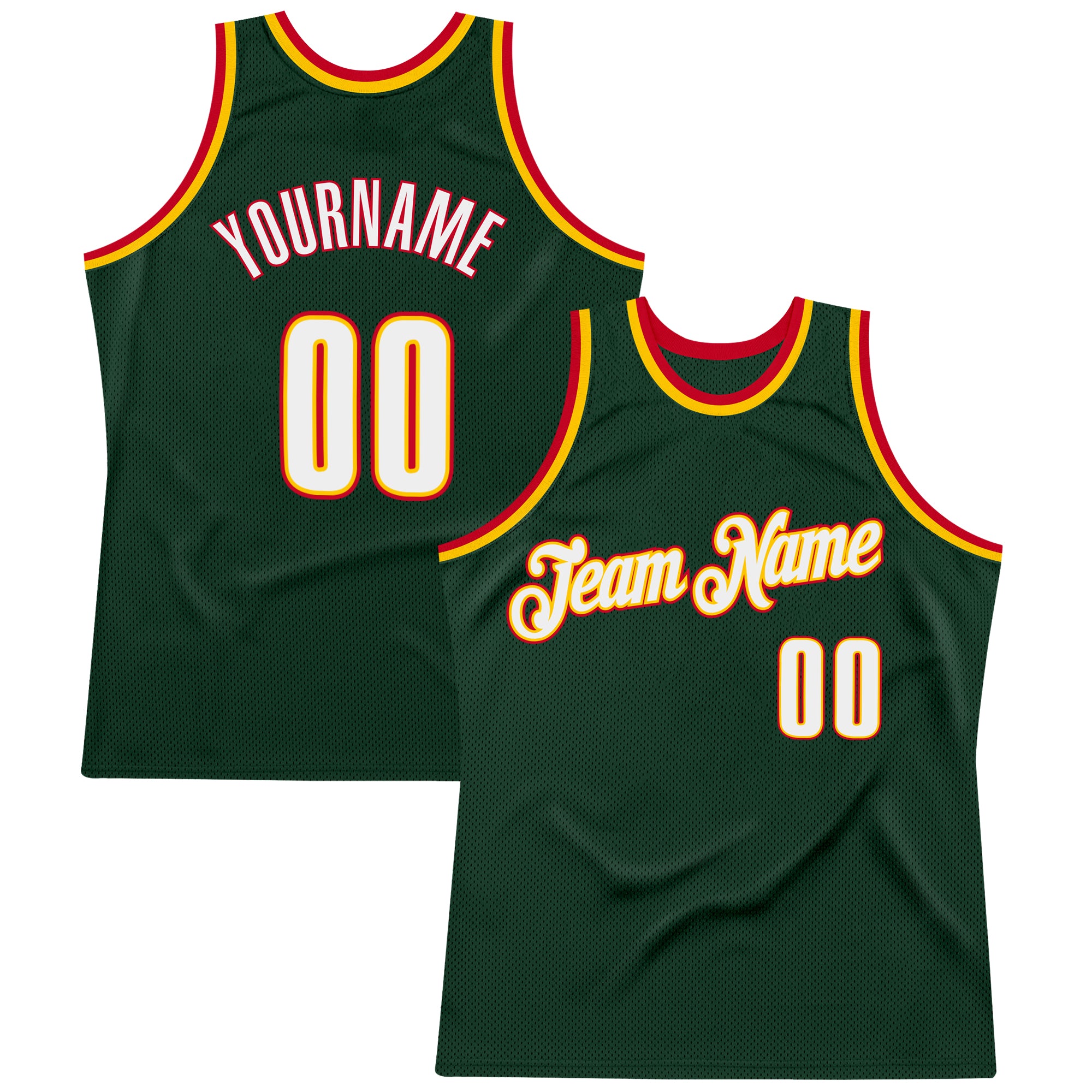 Custom Team Basketball Jersey with Personalized Name and Number - Authentic Throwback in Hunter Green with White-Red Accents