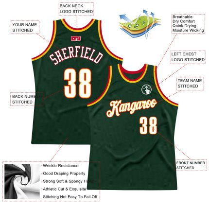 Custom Team Basketball Jersey with Personalized Name and Number - Authentic Throwback in Hunter Green with White-Red Accents
