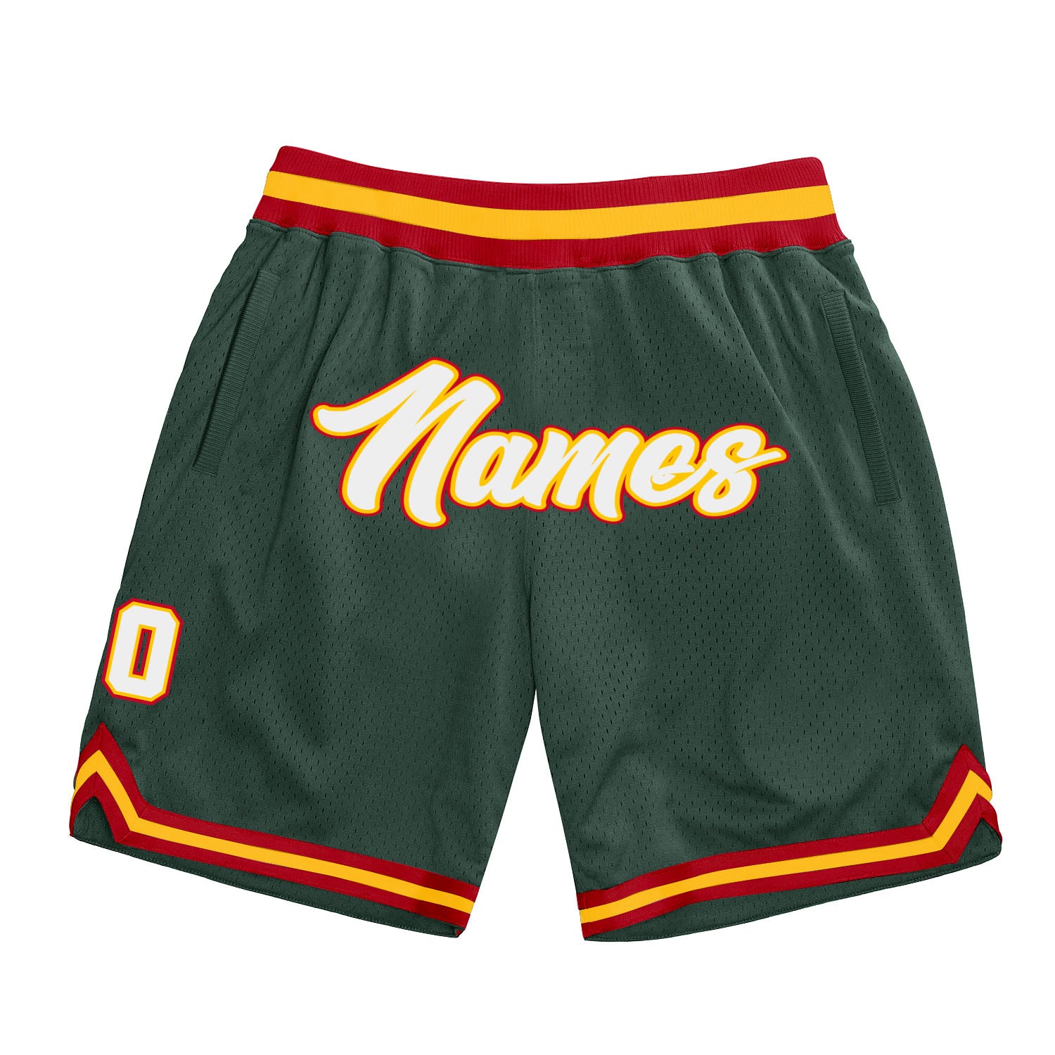 Personalized Authentic Basketball Shorts in Hunter Green White-Red Throwback Style Personalized Hunter Green White-Red Authentic
