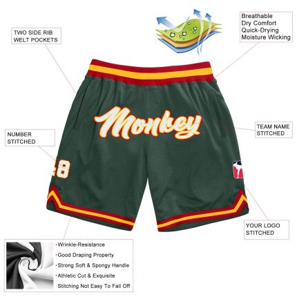Personalized Authentic Basketball Shorts in Hunter Green White-Red Throwback Style Personalized Hunter Green White-Red Authentic