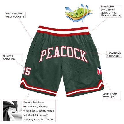 Custom Name and Number Authentic Basketball Shorts in Hunter Green White-Red - Personalized Throwback Team Gear Personalized