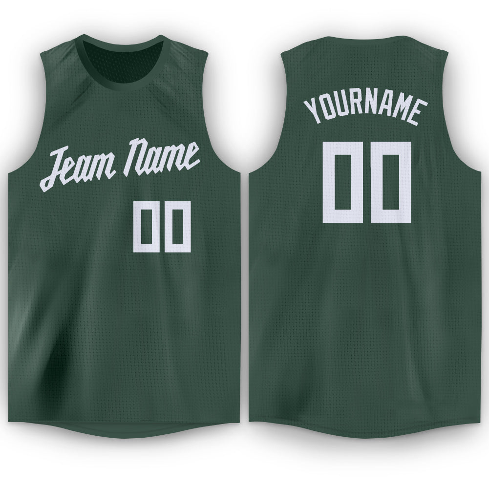 Personalized Hunter Green Basketball Jersey with Round Neck Design Personalized Hunter Green White Round Neck Basketball