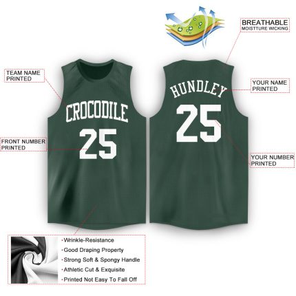 Custom Basketball Jersey with Personalized Name and Number - Hunter Green White Round Neck Personalized Hunter Green White
