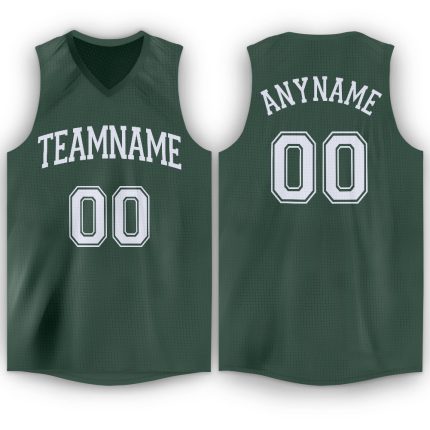 Custom Name and Number Basketball Jersey in Hunter Green and White V-Neck Design Personalized Hunter Green White V-Neck Basketball