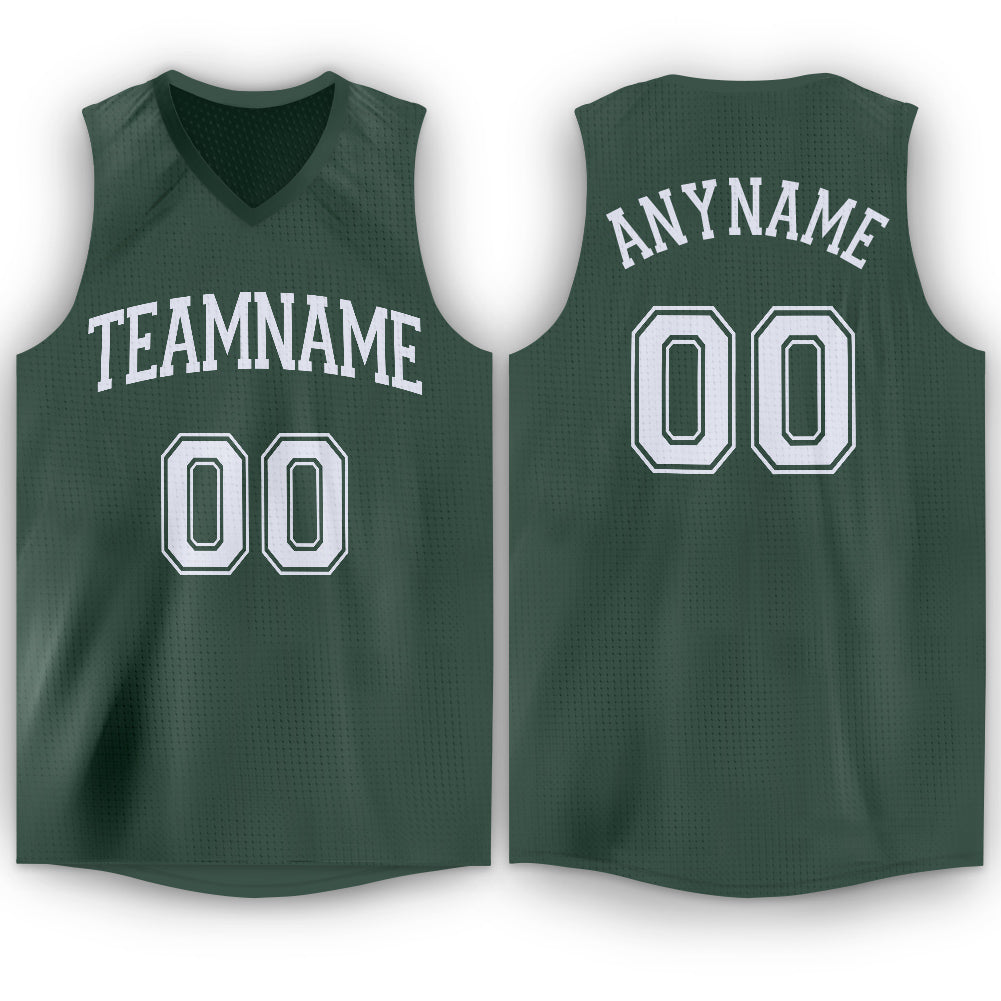 Custom Name and Number Basketball Jersey in Hunter Green and White V-Neck Design Personalized Hunter Green White V-Neck Basketball