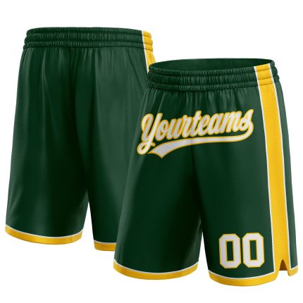 Custom Name and Number Authentic Basketball Shorts in Hunter Green with White-Yellow Details Personalized Hunter Green White-Yellow