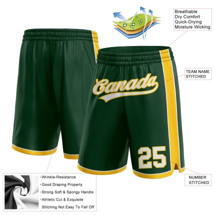 Custom Name and Number Authentic Basketball Shorts in Hunter Green with White-Yellow Details Personalized Hunter Green White-Yellow