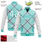Custom Personalized 3D Aqua-Navy Check Bomber Varsity Jacket with Team Name and Number Full-Snap Personalized Ice Blue Aqua-Navy