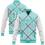 Custom Personalized 3D Aqua-Navy Check Bomber Varsity Jacket with Team Name and Number Full-Snap Personalized Ice Blue Aqua-Navy