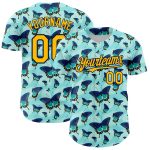 Custom Name Number Butterfly Baseball Jersey - Personalized Ice Blue Gold-Navy 3D Pattern Design Personalized Ice Blue Gold-Navy