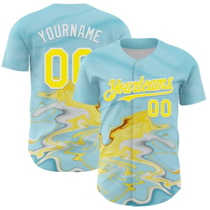 Custom Name and Number 3D Abstract Liquid Fluid Art Baseball Jersey - Personalized Ice Blue Yellow-White Design Personalized