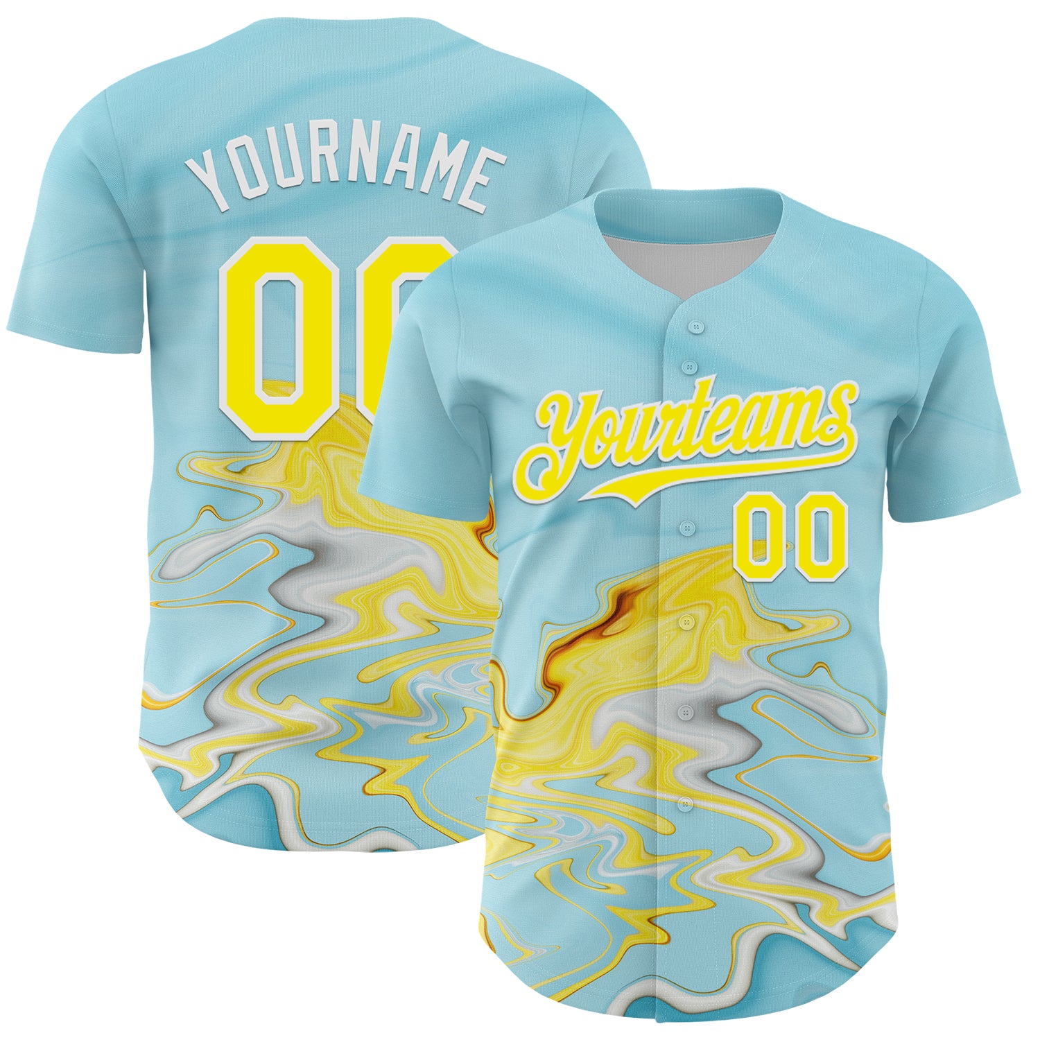 Custom Name and Number 3D Abstract Liquid Fluid Art Baseball Jersey - Personalized Ice Blue Yellow-White Design Personalized