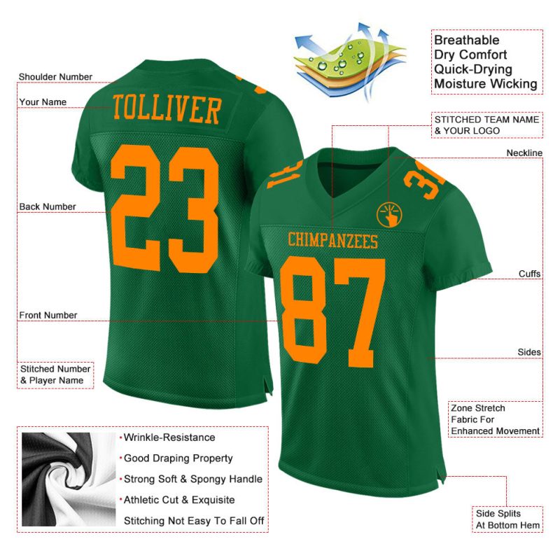 Custom Name and Number Kelly Green Bay Orange Mesh Authentic Football Jersey - Personalized Team Apparel Personalized Kelly