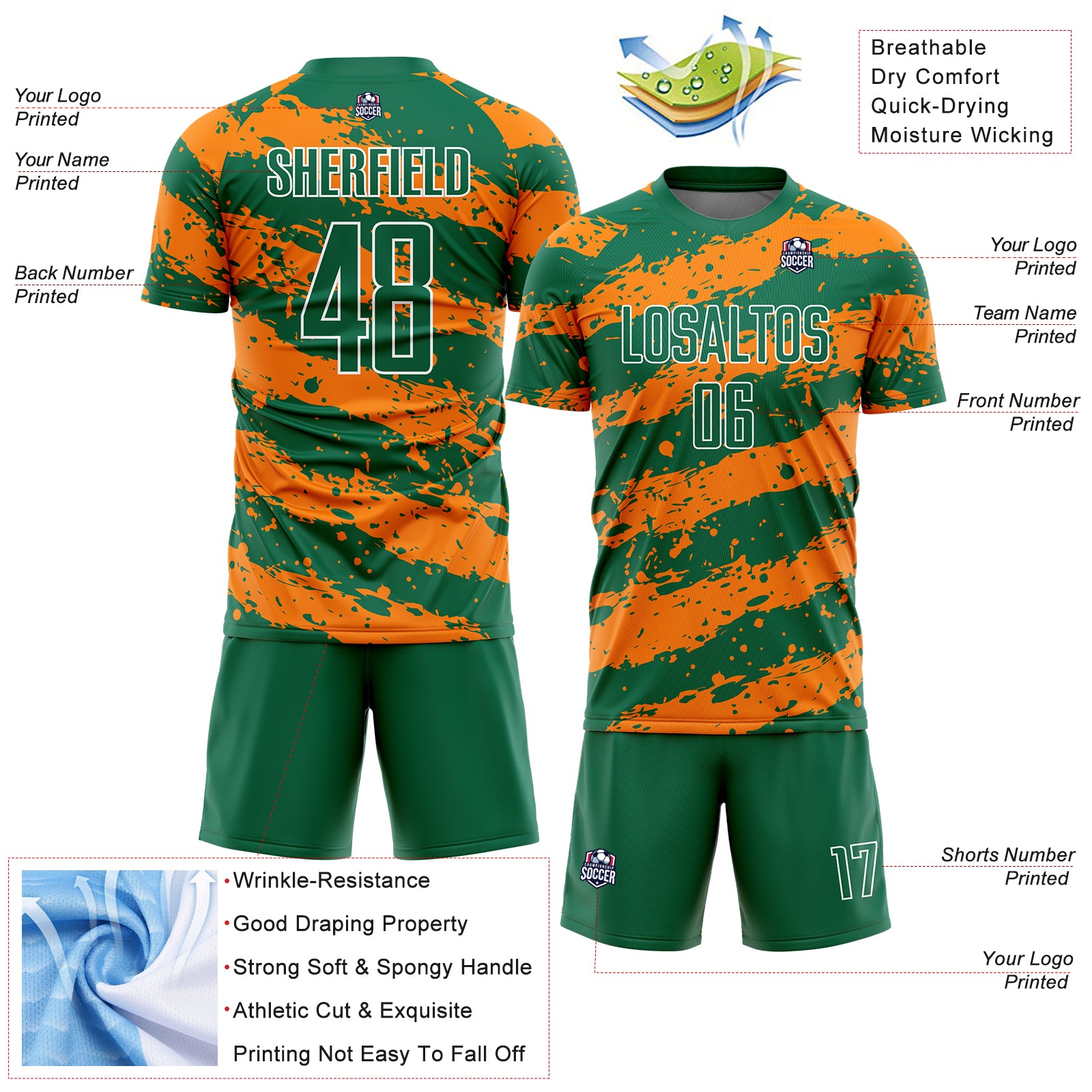 Personalized Kelly Green Bay Orange-White Splash Sublimation Soccer Uniform Jersey Team Custom Name and Number Custom Name Number Soccer Jersey - Personalized Kelly Green Bay Orange-White Splash Sublimation Uniform Personalized Kelly - Image 4