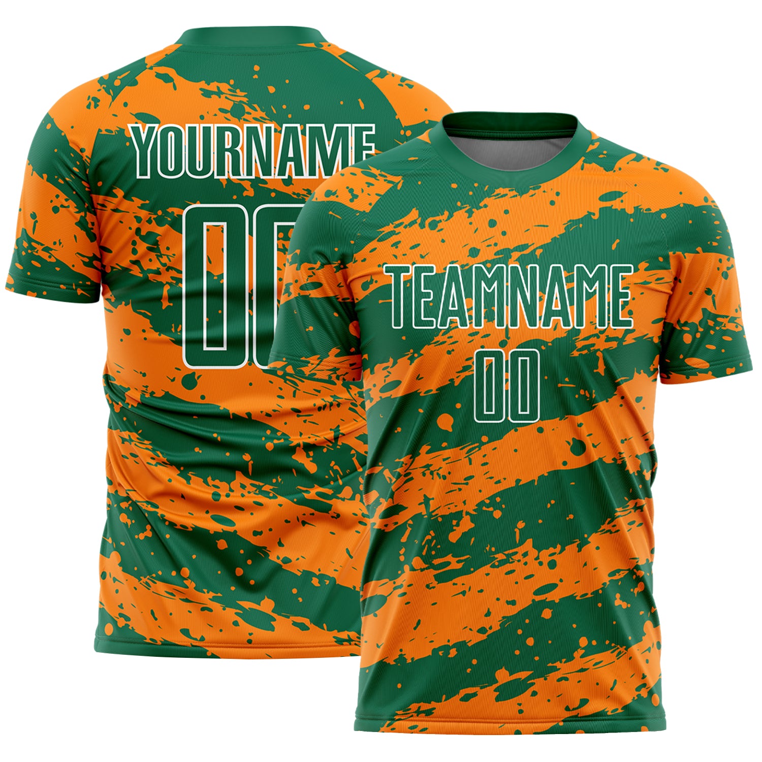 Custom Name Number Soccer Jersey - Personalized Kelly Green Bay Orange-White Splash Sublimation Uniform Personalized Kelly