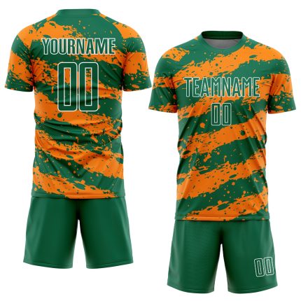 Custom Name Number Soccer Jersey - Personalized Kelly Green Bay Orange-White Splash Sublimation Uniform Personalized Kelly