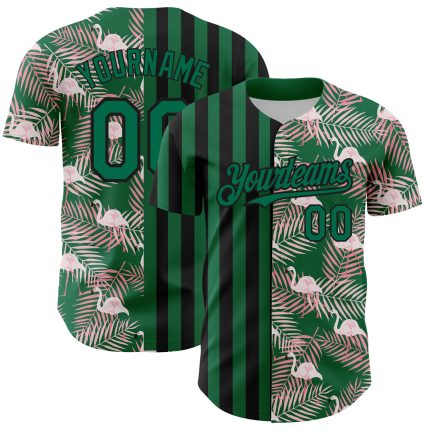 Custom Name and Number 3D Tropical Palm Leaves Kelly Green Flamingo Baseball Jersey Personalized Kelly Green Black 3D Pattern