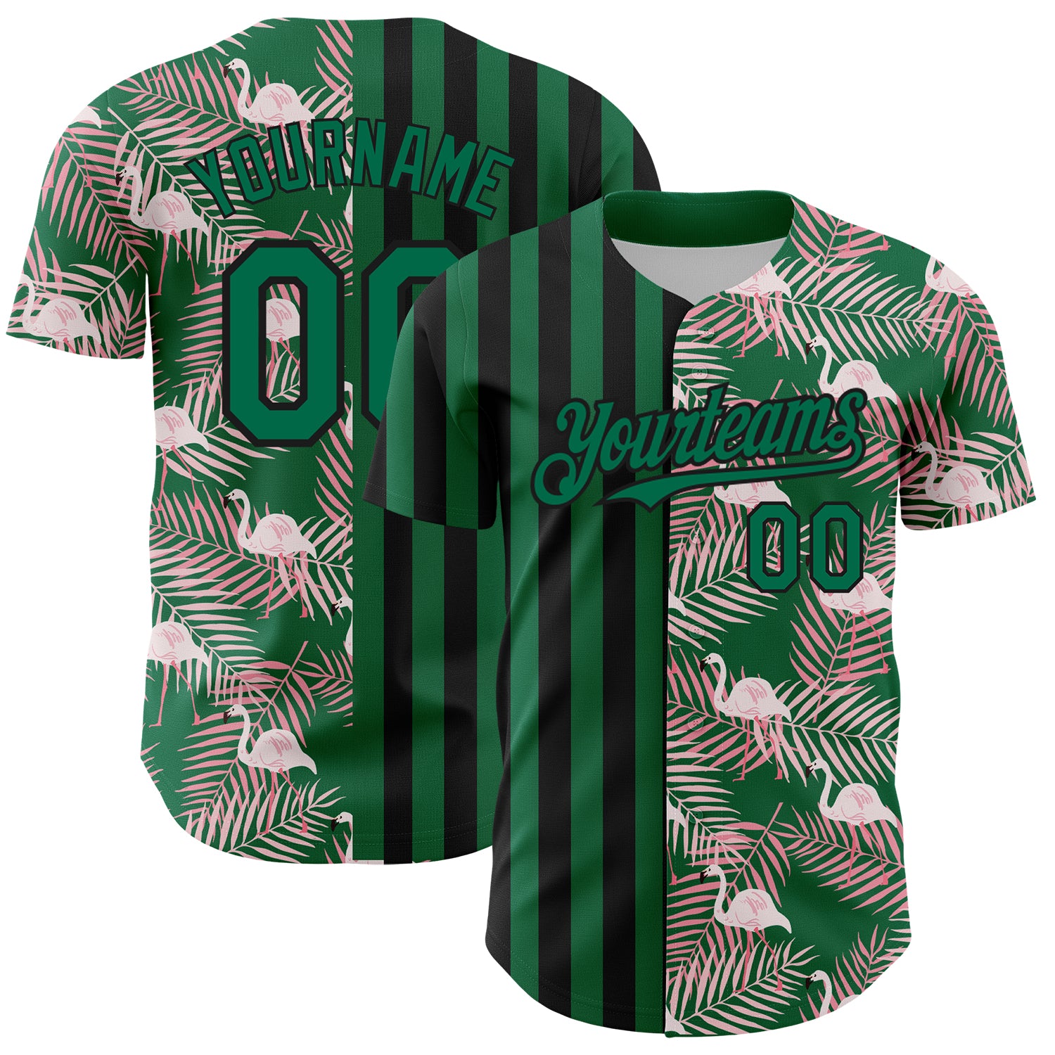 Custom Name and Number 3D Tropical Palm Leaves Kelly Green Flamingo Baseball Jersey Personalized Kelly Green Black 3D Pattern