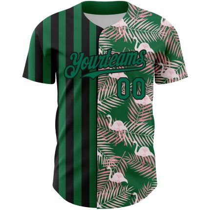 Custom Name and Number 3D Tropical Palm Leaves Kelly Green Flamingo Baseball Jersey Personalized Kelly Green Black 3D Pattern