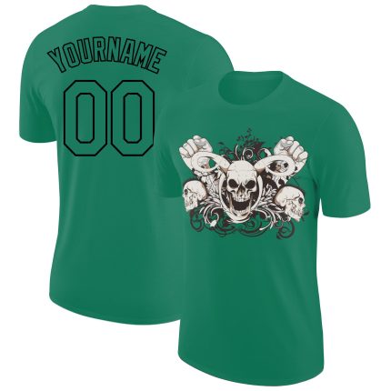 Custom 3D Skull T-Shirt with Name & Number in Kelly Green & Black Fashion Performance Style Personalized Kelly Green Black
