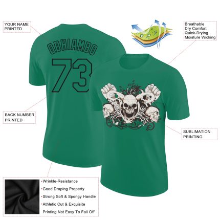 Custom 3D Skull T-Shirt with Name & Number in Kelly Green & Black Fashion Performance Style Personalized Kelly Green Black