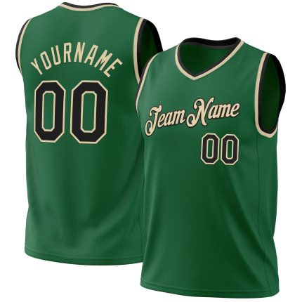 Personalized Kelly Green Basketball Jersey - Authentic Black-Cream Throwback Design Personalized Kelly Green Black-Cream
