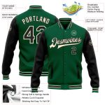 Custom Team Name Number Two-Tone Bomber Jacket Kelly Green Black-Cream Full-Snap Varsity Letterman Personalized Kelly Green