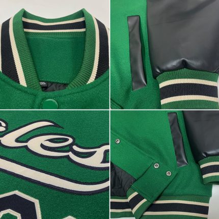 Custom Team Name Number Two-Tone Bomber Jacket Kelly Green Black-Cream Full-Snap Varsity Letterman Personalized Kelly Green