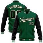 Custom Team Name Number Two-Tone Bomber Jacket Kelly Green Black-Cream Full-Snap Varsity Letterman Personalized Kelly Green