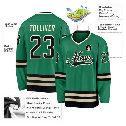 Custom Personalized Hockey Jersey, Kelly Green with Black-Cream Design, Team Name and Number Personalized Kelly Green Black-Cream