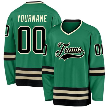 Custom Personalized Hockey Jersey, Kelly Green with Black-Cream Design, Team Name and Number Personalized Kelly Green Black-Cream