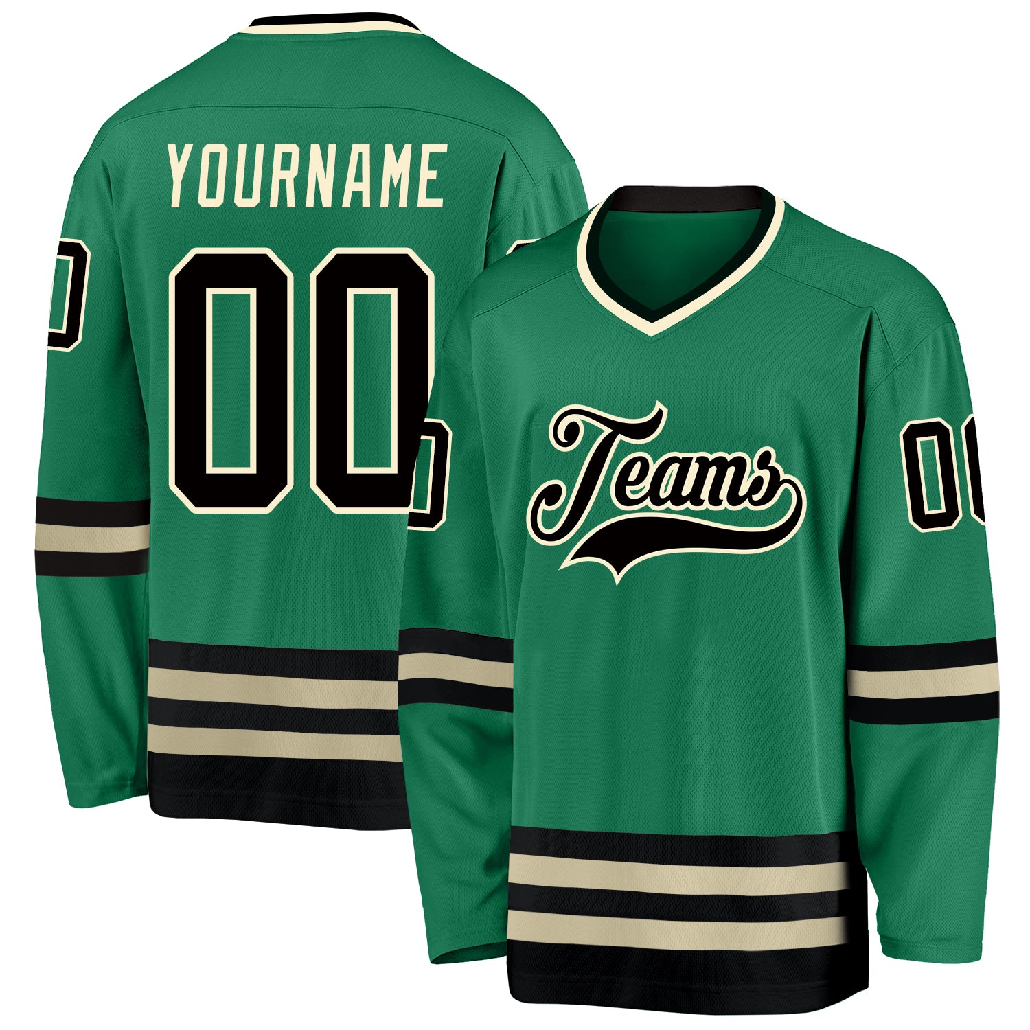 Custom Personalized Hockey Jersey, Kelly Green with Black-Cream Design, Team Name and Number Personalized Kelly Green Black-Cream
