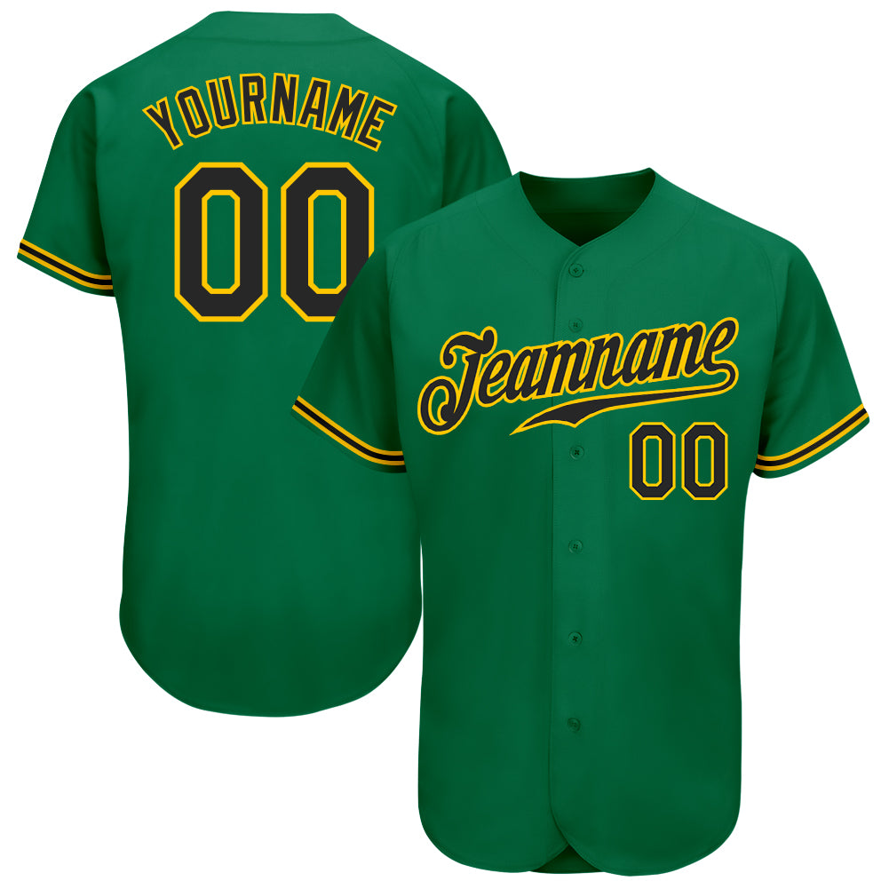 Custom Name and Number Baseball Jersey - Kelly Green with Black and Gold - Authentic Team Jersey Personalized Kelly Green