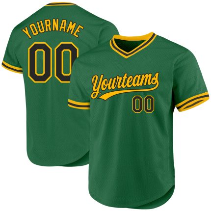 Custom Authentic Throwback Baseball Jersey - Kelly Green Black-Gold, Personalized Name & Number Personalized Kelly Green