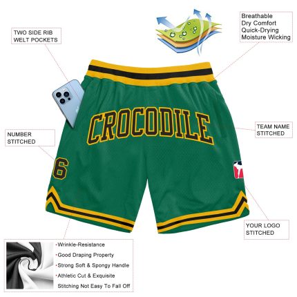 Custom Name Number Basketball Shorts - Authentic Kelly Green Black Gold Throwback Design Personalized Kelly Green Black-Gold