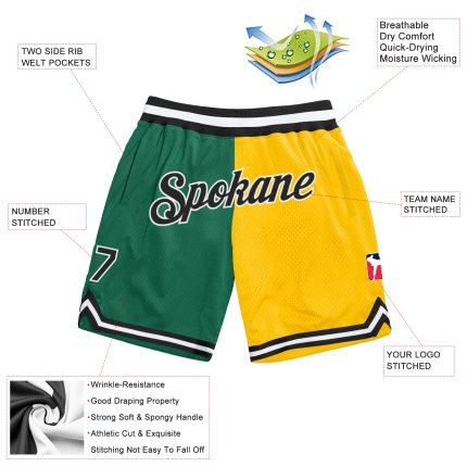 Custom Name Number Basketball Shorts - Authentic Kelly Green Black-Gold Throwback Fashion Team Split Design Personalized