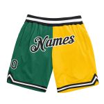Custom Name Number Basketball Shorts - Authentic Kelly Green Black-Gold Throwback Fashion Team Split Design Personalized