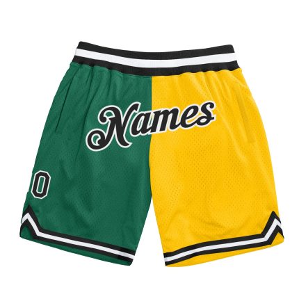 Custom Name Number Basketball Shorts - Authentic Kelly Green Black-Gold Throwback Fashion Team Split Design Personalized