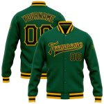 Custom Team Name and Number Varsity Letterman Jacket Kelly Green Black-Gold Bomber Full-Snap Personalized Kelly Green Black-Gold