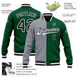 Custom Team Name & Number Bomber Jacket in Kelly Green and Black-Gray Full-Snap Varsity Letterman Fashion Jacket Personalized