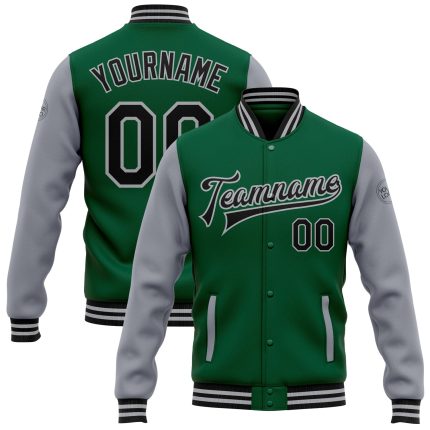 Custom Two-Tone Bomber Jacket with Name and Number - Kelly Green Black-Gray Varsity Letterman Full-Snap Style Personalized