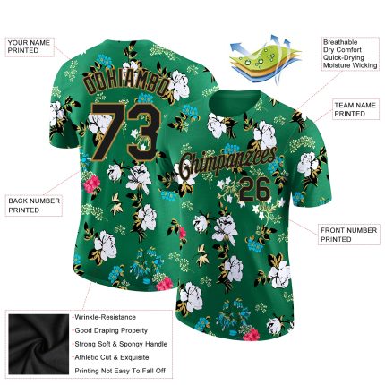 Custom Name and Number Performance T-Shirt with 3D Flowers Design in Kelly Green Black-Old Gold - Team Apparel Personalized