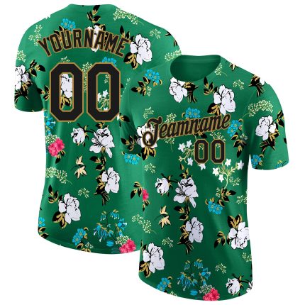 Custom Name and Number Performance T-Shirt with 3D Flowers Design in Kelly Green Black-Old Gold - Team Apparel Personalized