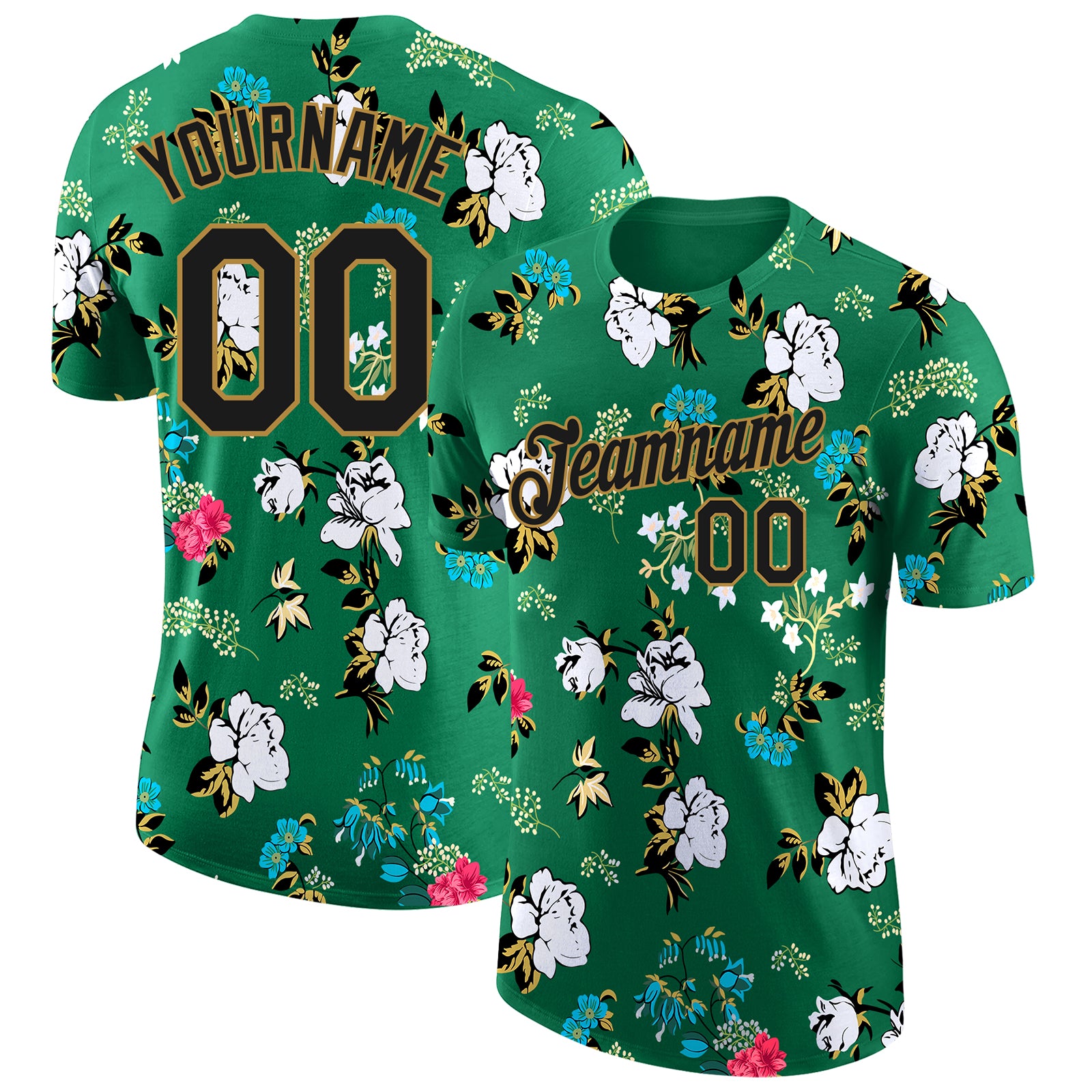 Custom Name and Number Performance T-Shirt with 3D Flowers Design in Kelly Green Black-Old Gold - Team Apparel Personalized