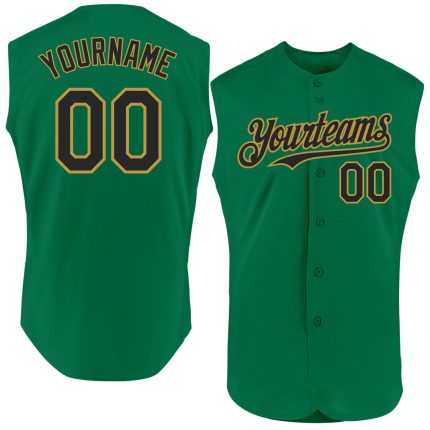 Personalized Authentic Baseball Jersey - Kelly Green Black and Old Gold Sleeveless Design Personalized Kelly Green Black-Old