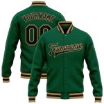 Custom Team Names and Numbers Kelly Green Black-Old Gold Varsity Letterman Bomber Full-Snap Jacket Personalized Kelly Green