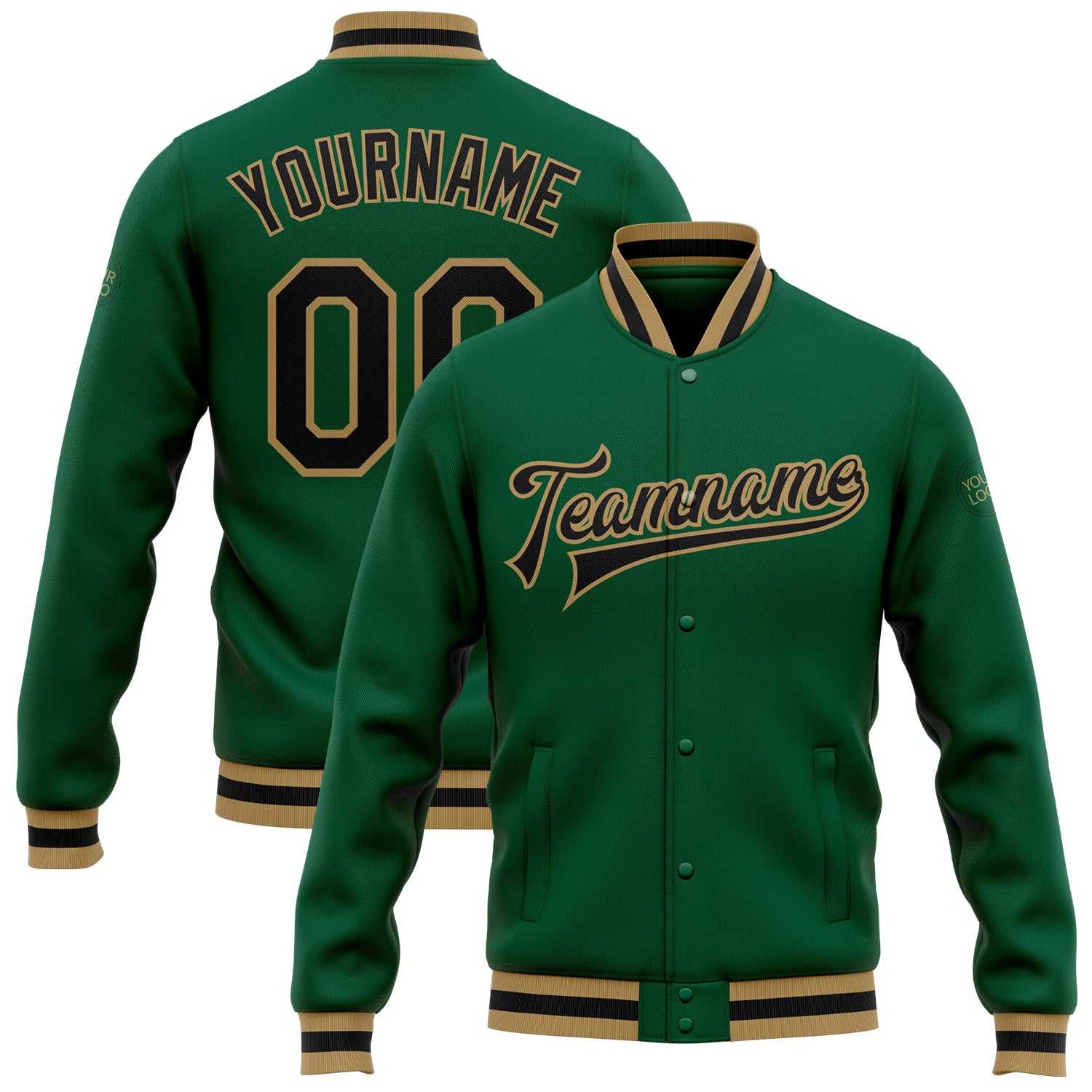 Custom Team Names and Numbers Kelly Green Black-Old Gold Varsity Letterman Bomber Full-Snap Jacket Personalized Kelly Green